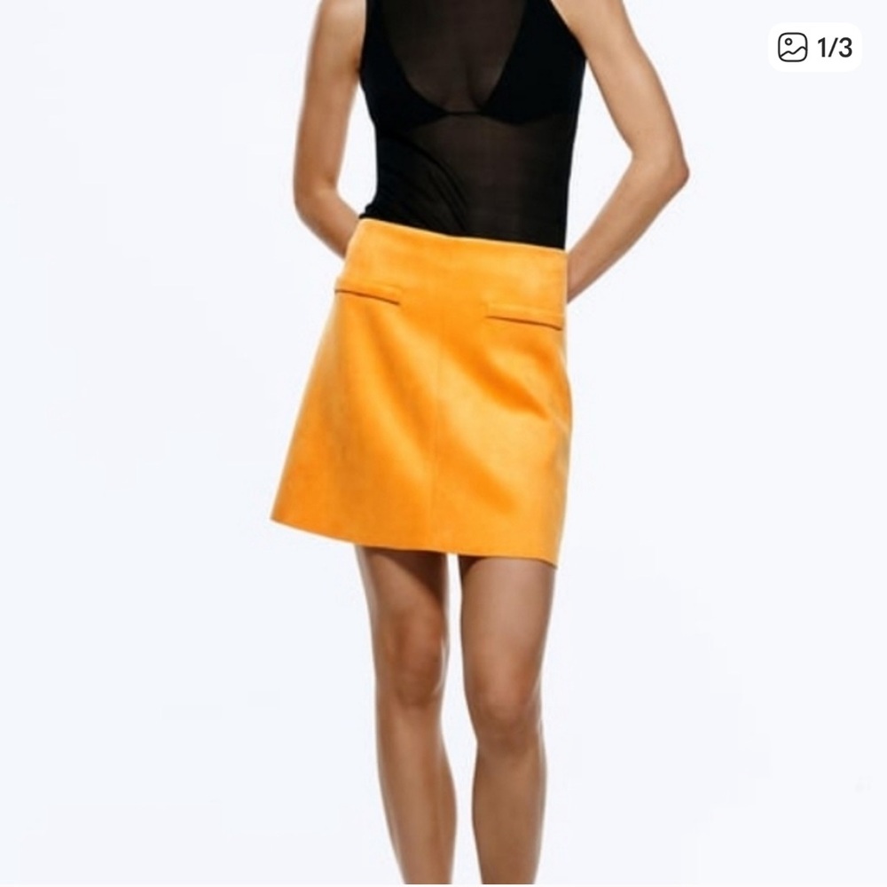 ZARA Faux Suede Orange A-line Mini Skirt Size Small